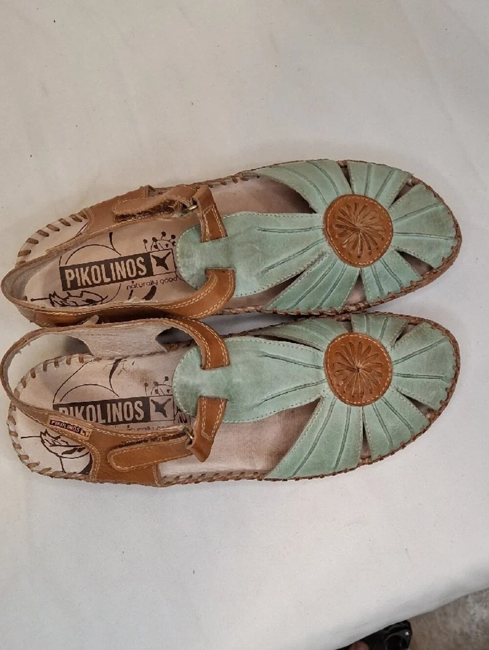 PIKOLINOS Puerta Vallarta Mint Green and Tan Leather Slingback Sandals